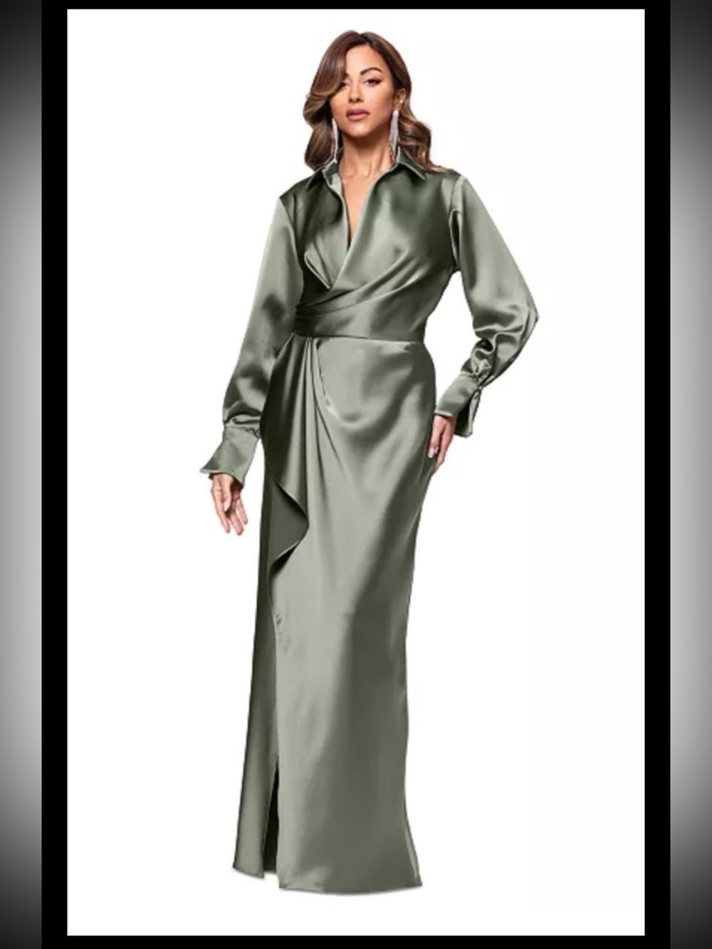 Xscape Satin Shirtdress/ Gown, Sz 6, Olive, new Without Tag